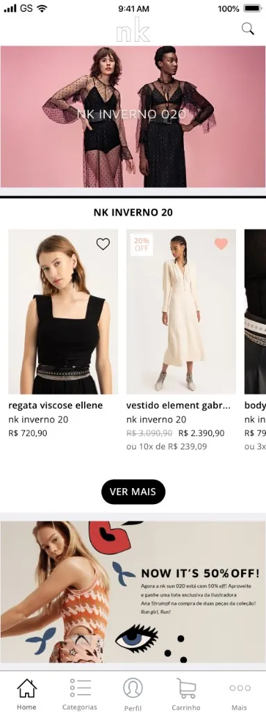 nk fashion brand home on iOS with campaign hero and product carousel